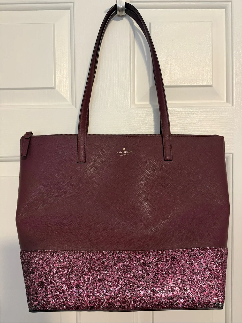 kate spade burgundy tote with pink glitter base